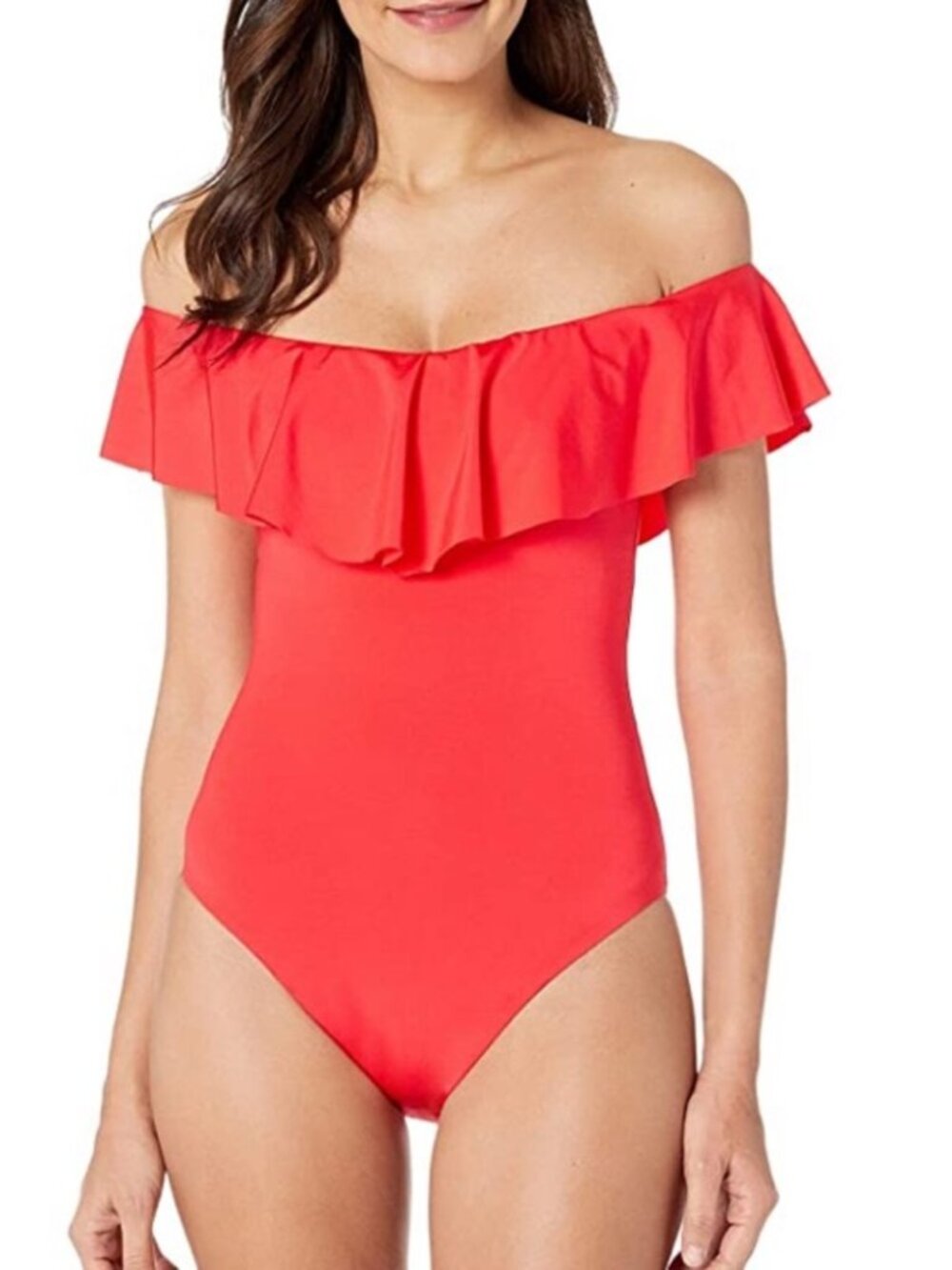 Trina Turk Black Off-Shoulder Ruffle One-Piece Swimsuit - Red (Size 12)